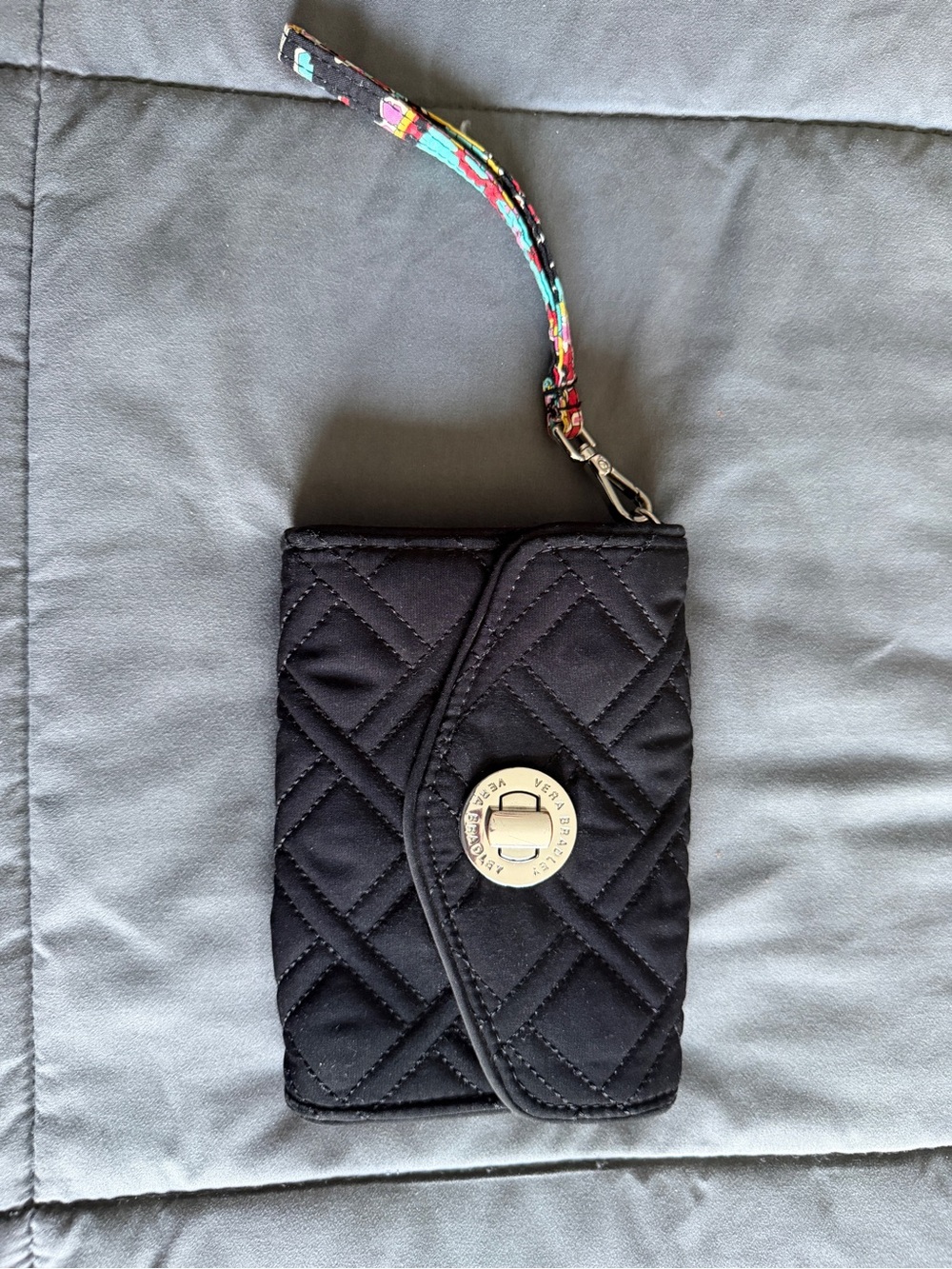 Vera Bradley Black Quilted Wristlet Phone Wallet with Patterned Strap